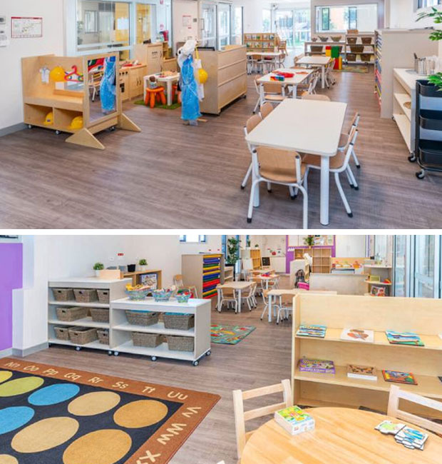Two of the fun classrooms filled with equipment at our early learning and childcare centre.